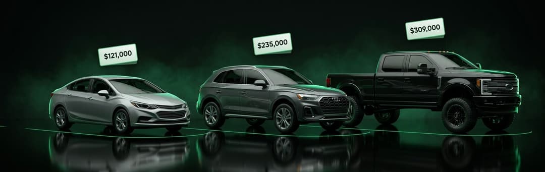 Sedan, SUV and pickup truck lined up with price tags showing larger vehicles cost more to ship