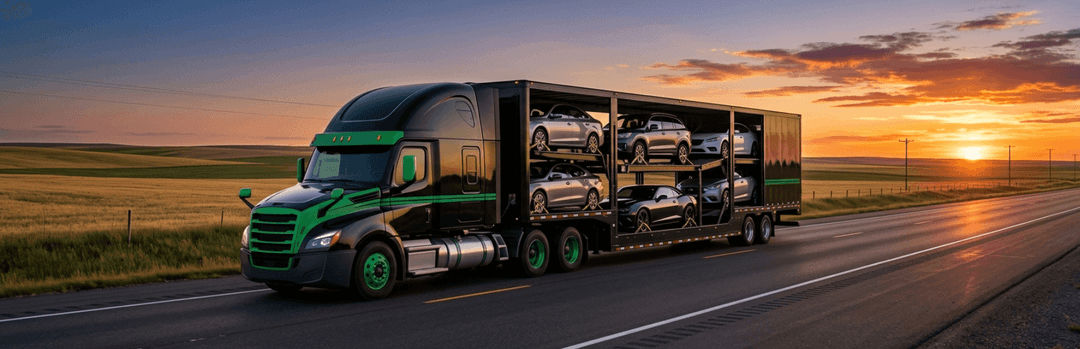 Enclosed car carrier truck with green trim driving across the Nebraska plains at sunset