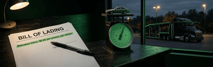 Bill of lading on a dark desk beside a weight scale, with a car carrier truck parked outside at night