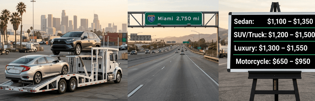 Car carrier leaving LA under a Miami 2,750 mi sign, with rates from sedan $1,100 to $1,350 to luxury $1,300 to $1,550