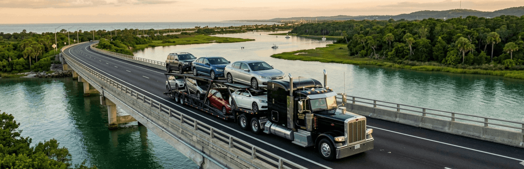 Loaded car carrier crossing a bridge over a river on the Florida to North Carolina route