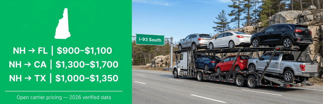 Car carrier on I-93 South with NH open rates: to FL $900 to $1,100, to CA $1,300 to $1,700, to TX $1,000 to $1,350