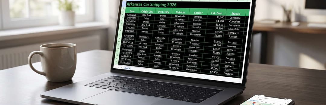 Laptop showing a 2026 Arkansas car shipping cost spreadsheet on a desk beside a coffee mug
