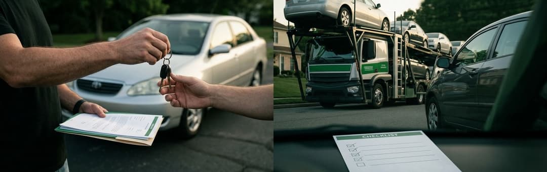 Buyer handing over keys with a sales document by a silver sedan, then the car waiting near a carrier