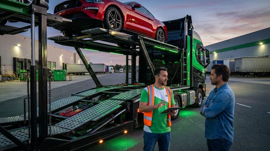 Two men talking beside an empty two-level car carrier at a depot, with a red sports car on the top deck
