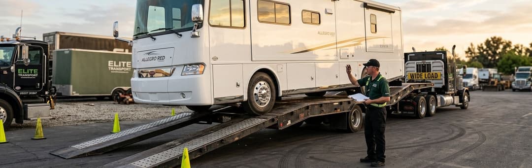 Class A motorhome loaded onto a lowboy trailer while a driver in a vest checks paperwork