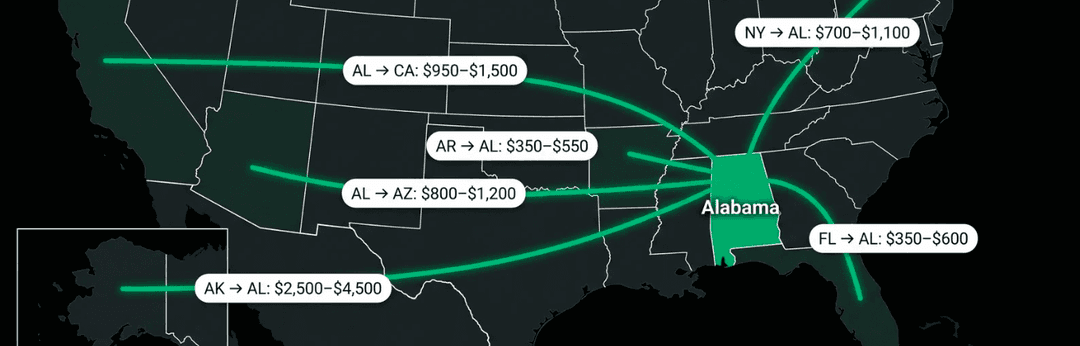 Map of routes into Alabama with prices such as NY to AL $700 to $1,100 and FL to AL $350 to $600