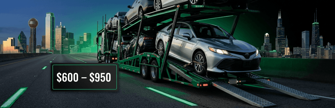 Open car carrier loaded with sedans between Dallas and Chicago skylines, with a $600 to $950 price label