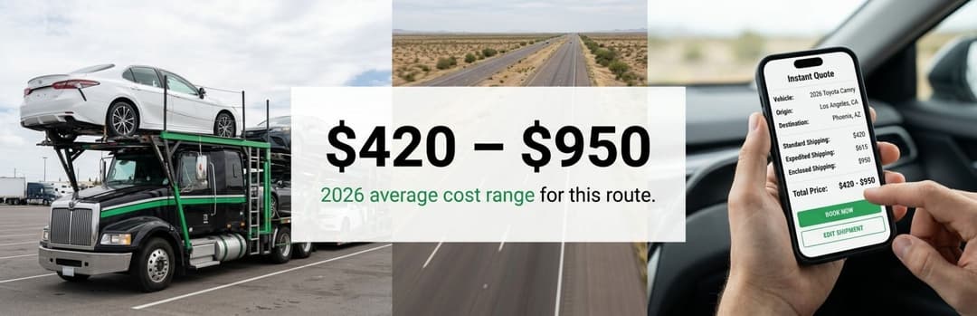 Car carrier on a highway and a phone quote with a $420 to $950 2026 average cost range for the route