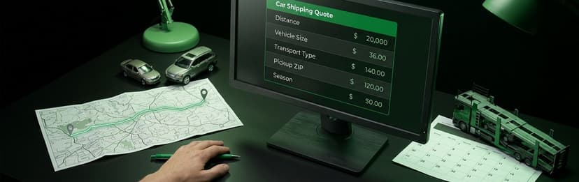 Hand tracing a route on a printed map with toy cars beside a monitor showing a shipping quote breakdown