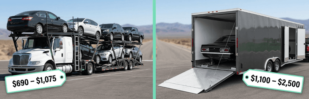Open car carrier priced $690 to $1,075 next to an enclosed trailer with a classic car priced $1,100 to $2,500