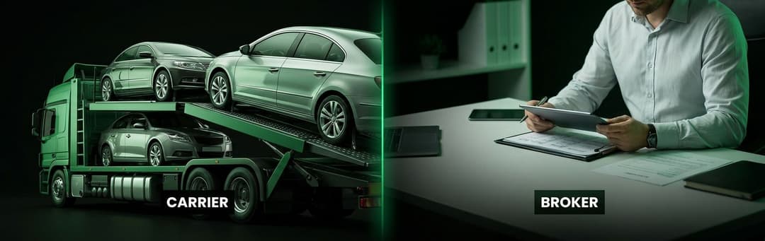 Car carrier truck labelled carrier beside a person at a desk with a tablet labelled broker