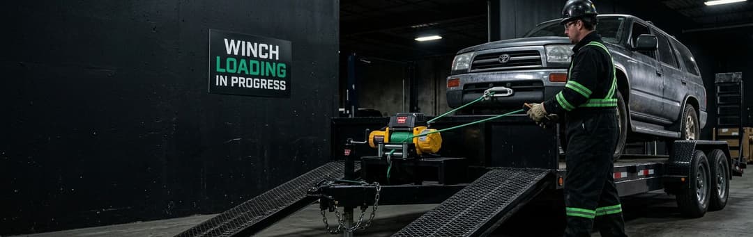 Worker in a safety vest using a winch to pull a non-running SUV onto a trailer under a winch loading sign