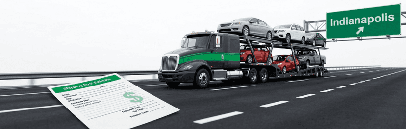 Loaded car carrier on a highway passing an Indianapolis sign, with a price quote sheet in front