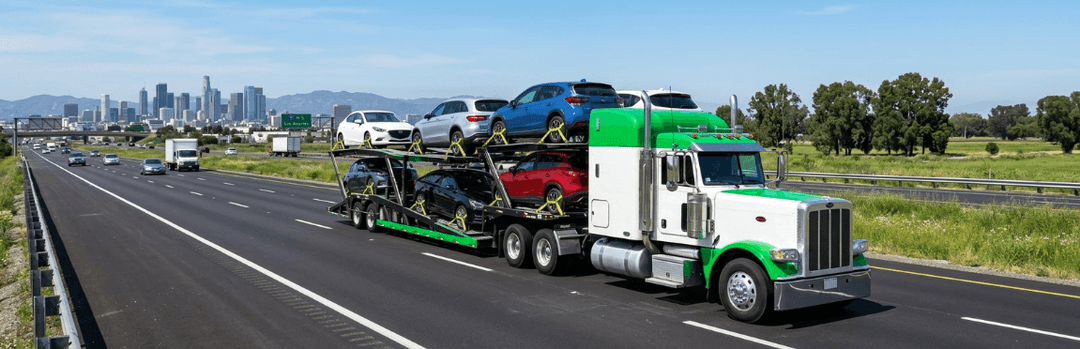 Green and white open car carrier loaded with cars driving on a highway away from the Los Angeles skyline