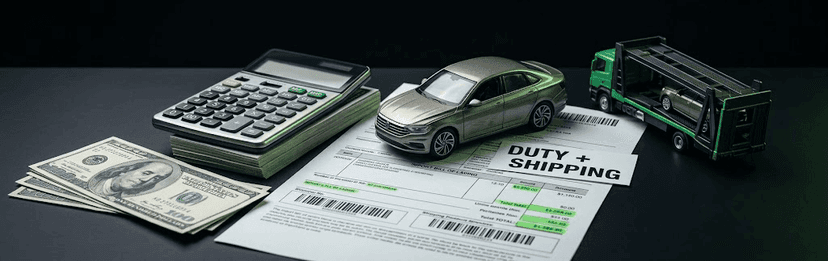 Calculator, cash, a toy car and a duty and shipping document representing car import costs