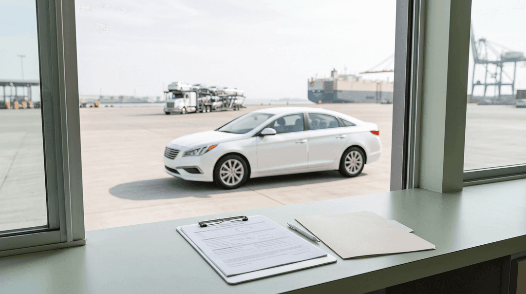 Shipping paperwork on a clipboard by a port office window overlooking a white sedan, car carrier truck, and cargo ship