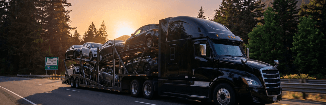 Black semi hauling a loaded open car carrier through Pacific Northwest pine forest at sunset