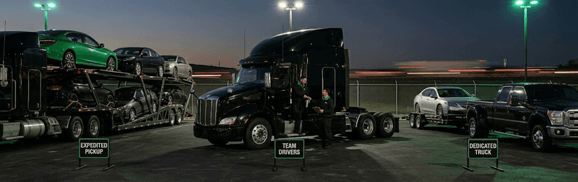 Car carriers and pickup trucks parked at night with labels for expedited pickup, team drivers and dedicated truck