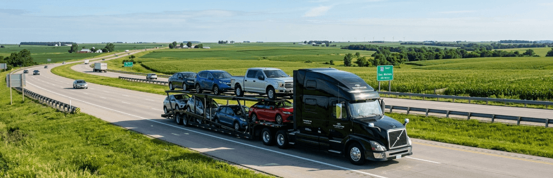 Black semi hauling cars on an open carrier along a green Iowa interstate past farmland