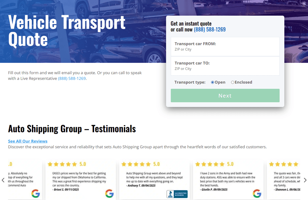 Seattle Auto Shipping Group vehicle transport quote form with customer testimonials