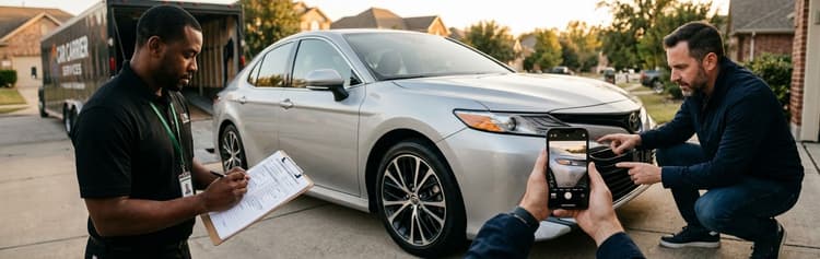 Driver writing on a clipboard while the owner photographs a silver sedan with a phone at delivery