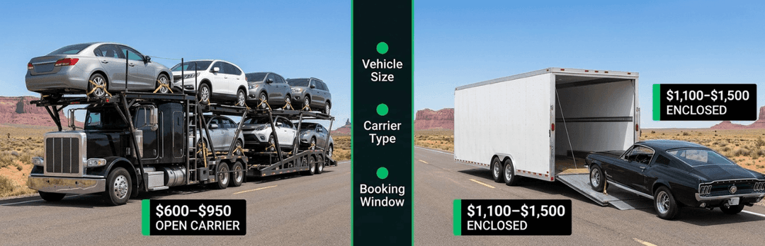 Open carrier priced $600 to $950 beside an enclosed trailer at $1,100 to $1,500, with size and timing factors