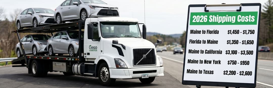 Car carrier truck beside a 2026 shipping costs board, from Maine to Florida $1,450 to $1,750