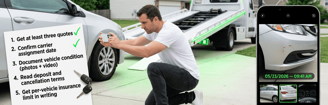 Man inspecting a car before pickup beside a five-point checklist and a phone with dated photos