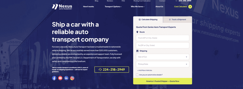Nexus Auto Transport website headlined Ship a car with a reliable auto transport company, with a quote form
