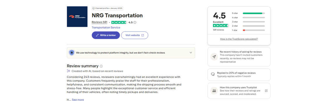 Trustpilot page for NRG Transportation showing a 4.5 star rating, review summary and rating breakdown