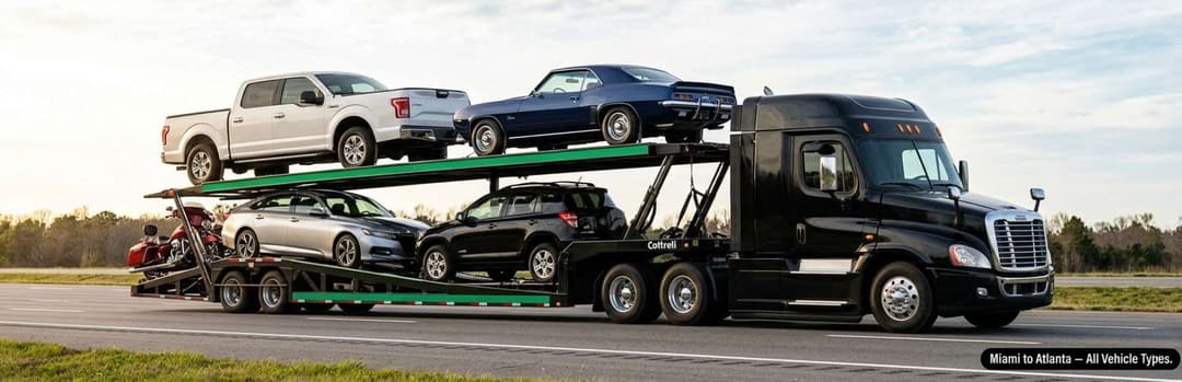 Black semi hauling a pickup truck, a classic car and sedans on an open carrier through open country