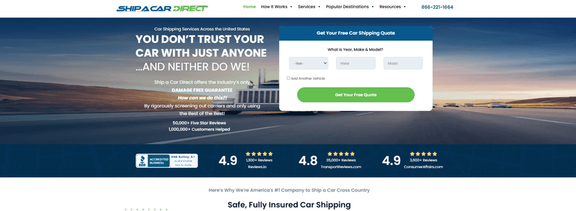 Ship A Car Direct website reading You don't trust your car with just anyone, with ratings and a quote form