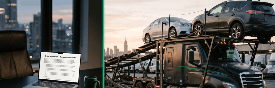 Broker laptop dispatching a shipment in a city office beside a car carrier truck loaded with SUVs