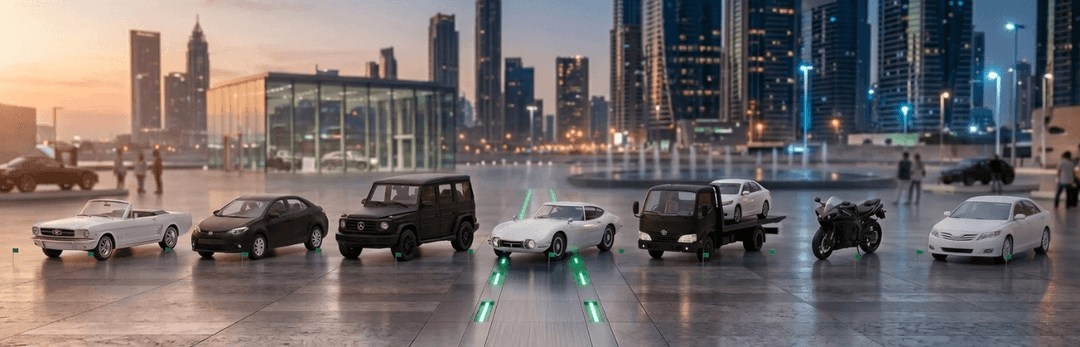 Sedans, SUVs, a classic convertible and motorcycles lined up on a waterfront plaza before the Miami skyline at dusk