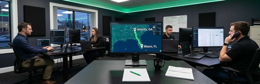 Dispatch team at computer desks with a large screen showing a Miami to Atlanta route map