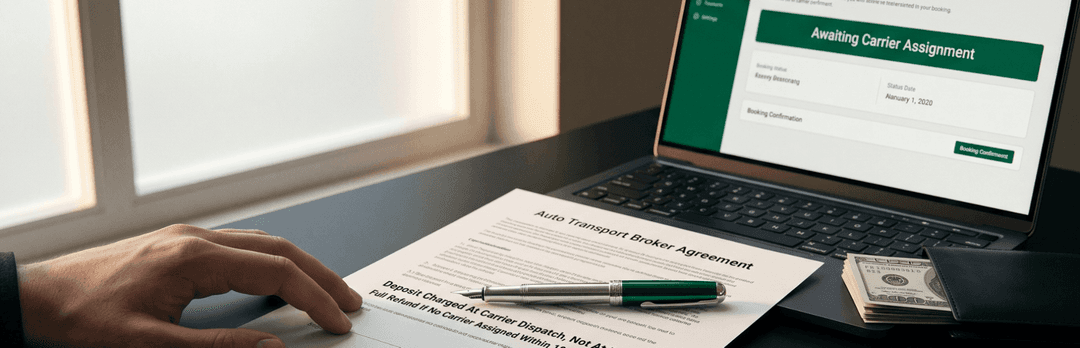 Hand on a laptop showing Awaiting Carrier Assignment next to a printed broker agreement and cash