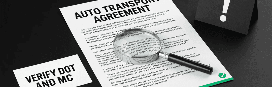 Auto transport agreement under a magnifying glass beside a Verify DOT and MC note and a warning sign