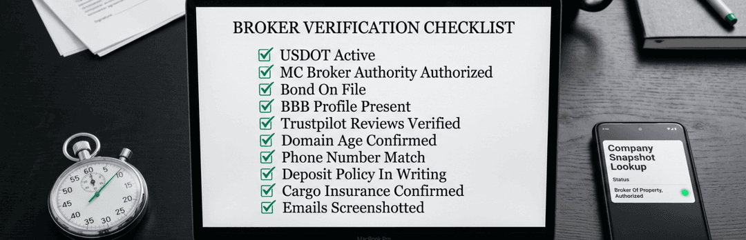 Broker verification checklist with USDOT active, MC authority, bond on file and cargo insurance ticked