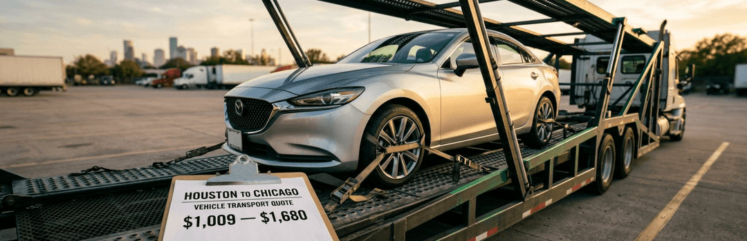 Silver sedan strapped on a car carrier with a Houston to Chicago $1,009 to $1,680 price sign
