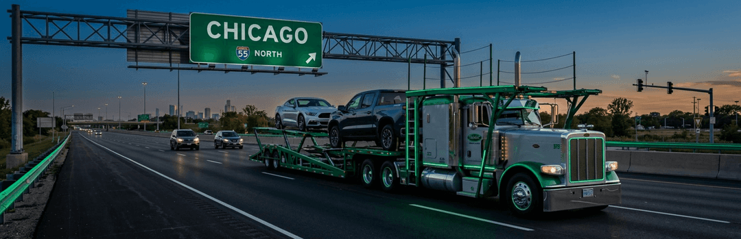 Car carrier truck driving under a green Chicago North highway sign at dusk