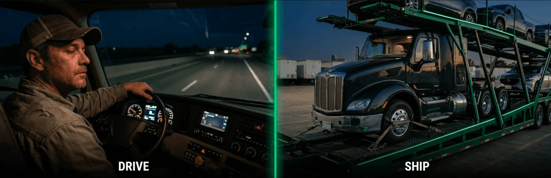 Split view of a man driving his own car at night versus a loaded car carrier, labeled Drive and Ship