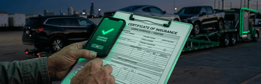 Hands holding a certificate of insurance and a phone with a green checkmark beside a car carrier