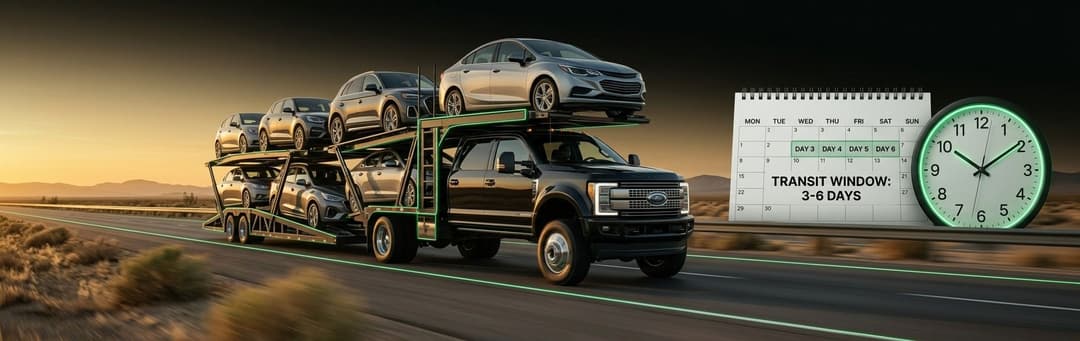 Loaded car carrier on a desert highway beside a calendar and clock marking a 3 to 6 day transit window