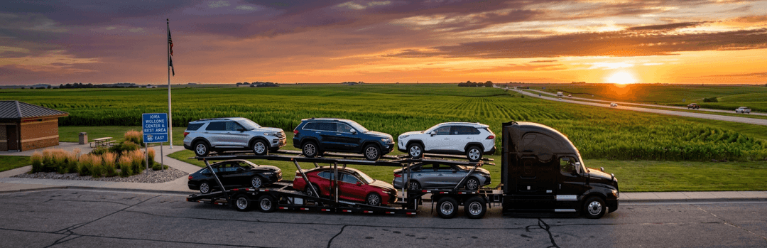 Loaded open car carrier at a rural Iowa rest area with SUVs lined up beside it at sunset