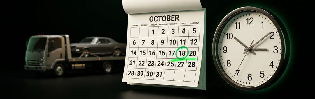 Tow truck next to an October calendar with the 18th circled and a wall clock, showing delivery dates