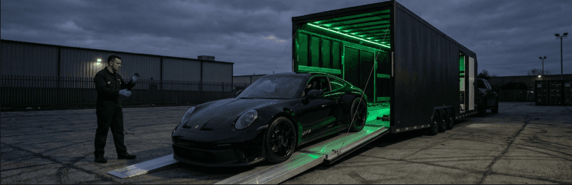 Driver loading a black Porsche up the ramp into a lit enclosed trailer at night
