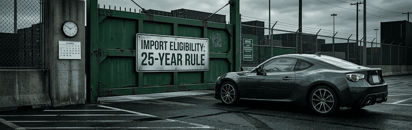 Silver sports car parked before a port gate sign reading Import Eligibility 25-Year Rule
