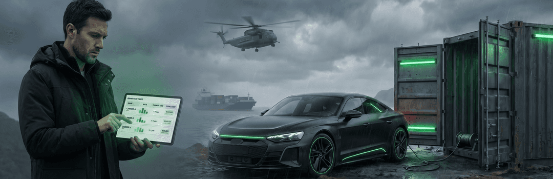 Man with a tablet beside an electric sedan near a shipping container and helicopter, illustrating EV shipping costs
