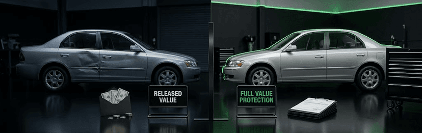 Damaged silver sedan labelled released value next to an intact sedan labelled full value protection